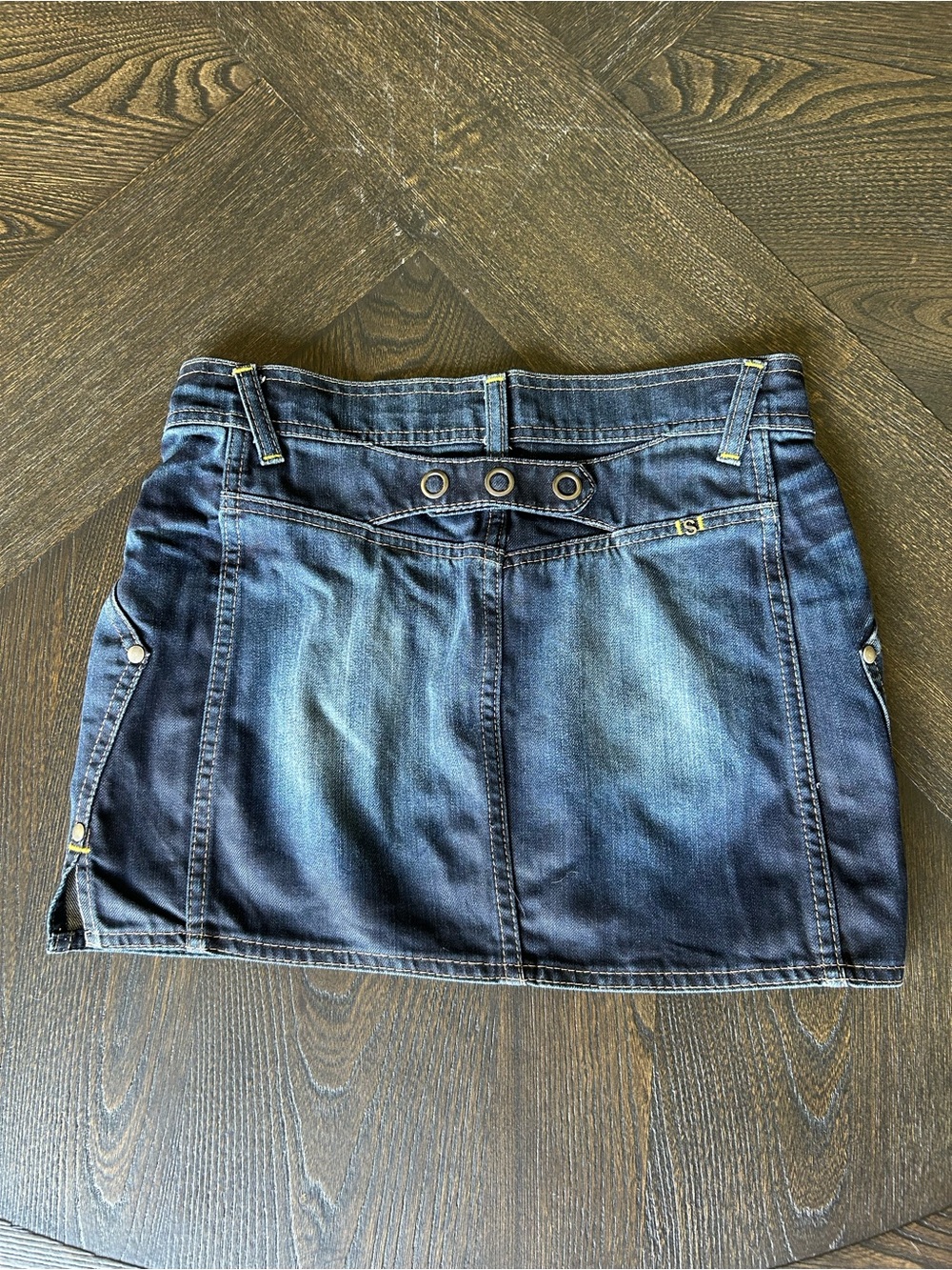 Y2K Sisley Faded Dark Blue Denim Mini Skirt with Stud Detailing